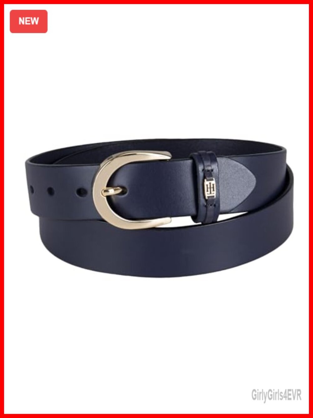 Leather Belt with Metal Buckle & TH Logo Ornament Adjustable
